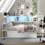 Structure de lit d'angle simple avec bibliothèque et 2 tiroirs de rangement sous le lit, lit moderne avec éclairage à DEL et station de charge, interchangeable gauche et droite, blanc-602236372