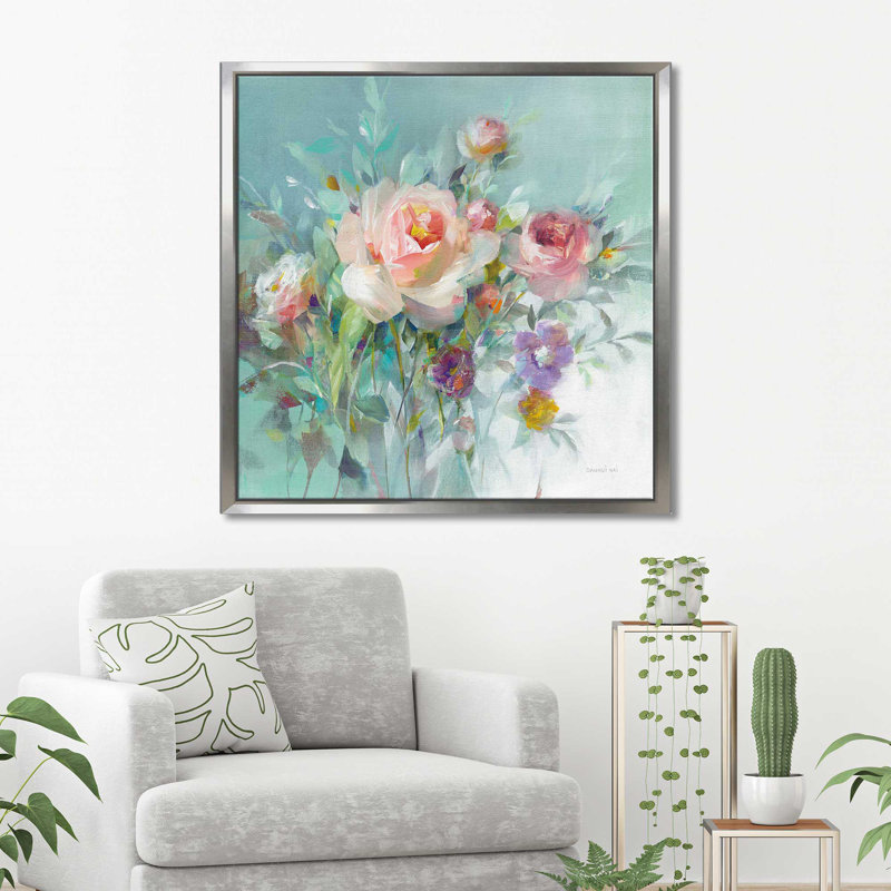 Roses de jardin d'été - Peinture, Cadre flottant argent, H 39,5 po x l 39,5 po x P 2 po