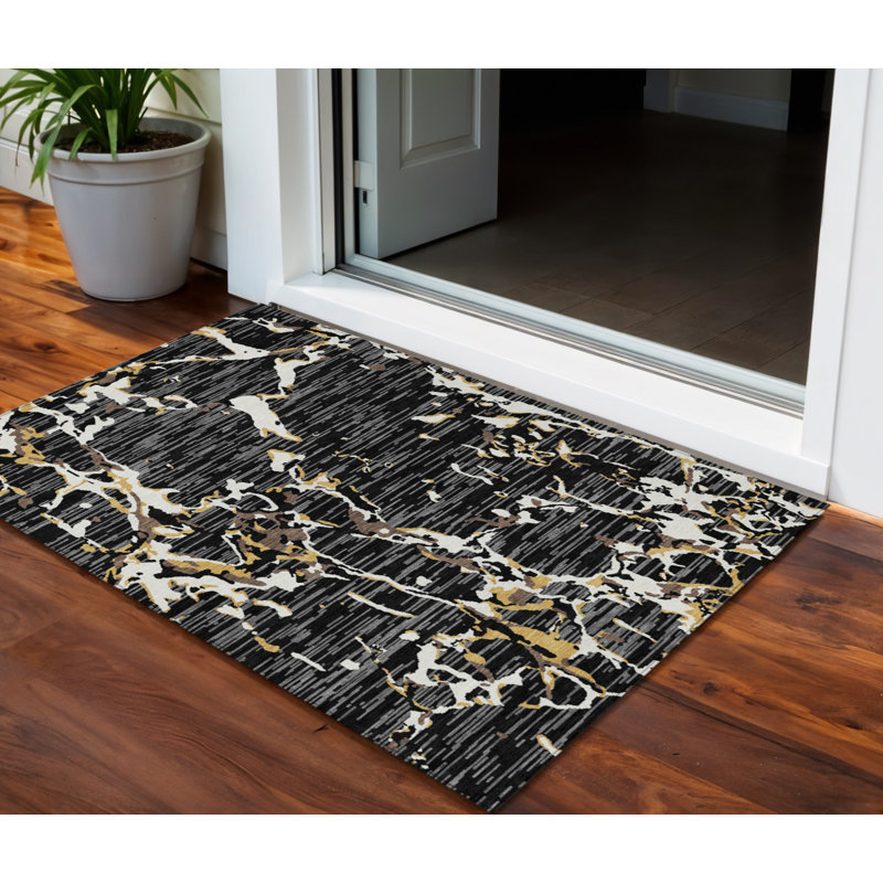 3' X 5' Black Ivory And Brown Striped Washable Indoor Outdoor Area Rug