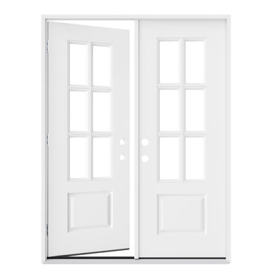 Porte d'entrée extérieure en fibre de verre 64 po x 80 po (2 x 32 po x 80 po), apprêt blanc, porte française à 6 carreaux en verre clair avec chambranle, design classique et style moderne, grande durabilité, ouverture vers l'intérieur à gauche (quincaillerie non incluse)