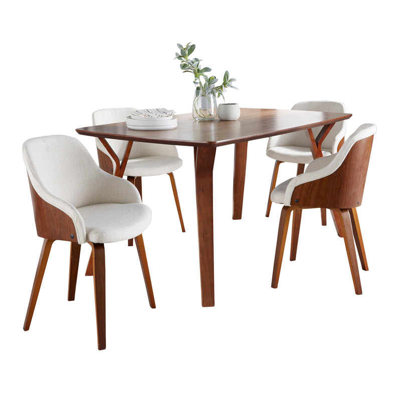 Ensemble repas Mid-Century moderne en bois de noyer et tissu crème