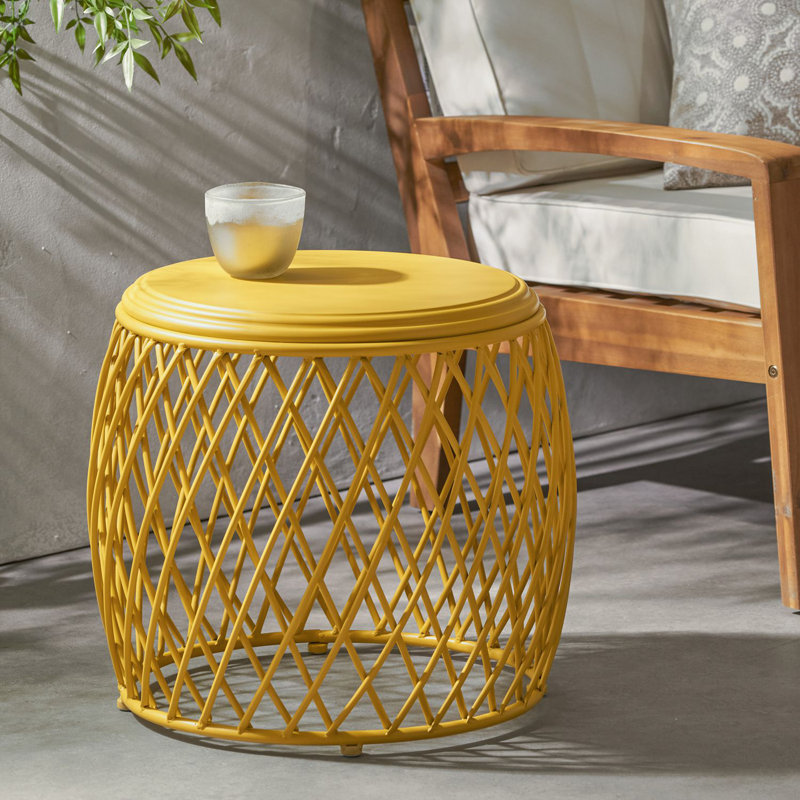 Lightweight Iron Side Table with Lattice Design for Patio and Outdoor Use, No Assembly Required, Yellow