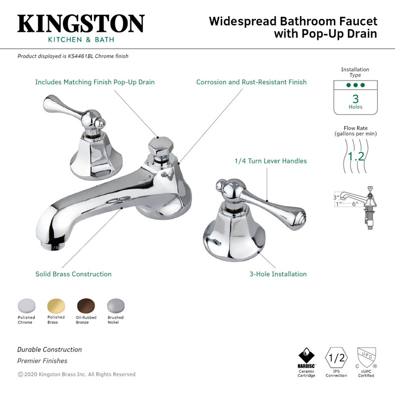 Kingston Brass Metropolitan Two-Handle 3-Hole Deck Mount Widespread Bathroom Faucet with Brass Pop-Up Drain, Polished Chrome
