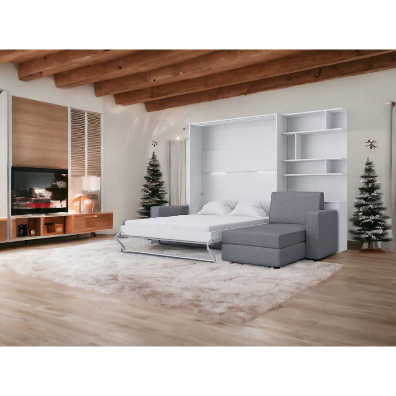 Contempo Upholstered Murphy Storage Bed, White/Gray/Light Gray, Full / Double