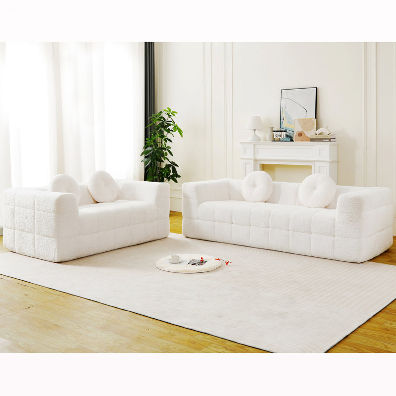 Canapé contemporain contemporain, canapé moderne sans os avec deux coussins décoratifs circulaires, tissu en polyester à poils longs texturé litchi doux pour la peau, canapé en mousse à carreaux