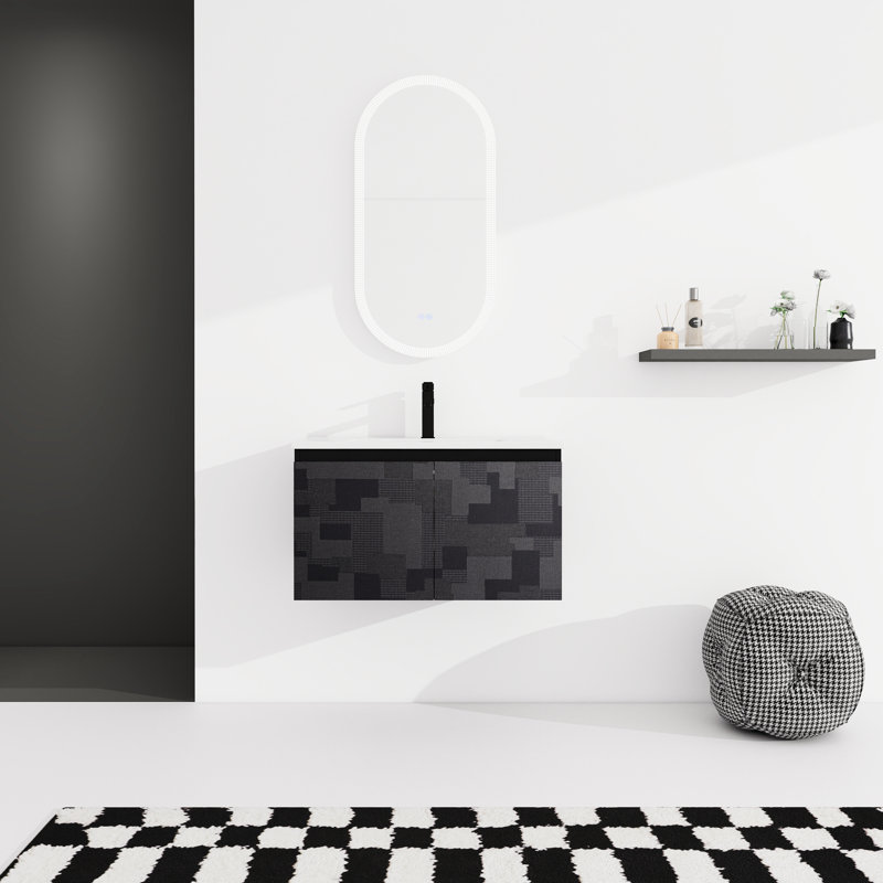 Meuble-lavabo de salle de bain 30 po. Lavabo en céramique avec porte à fermeture en douceur. Moderne. Contreplaqué. Noir Meuble-lavabo mural à 2 portes pour accessoires 30 po. Et articles essentiels et divers