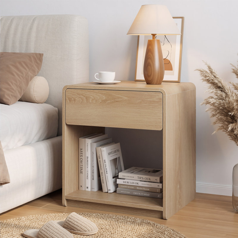 Mid-Century Modern Bedside Table Set, 2 Pieces, With Storage Drawers And Open Shelves, Bedroom Side Table With Rounded Corners, Compact Bedside Table Set, Oak Colour