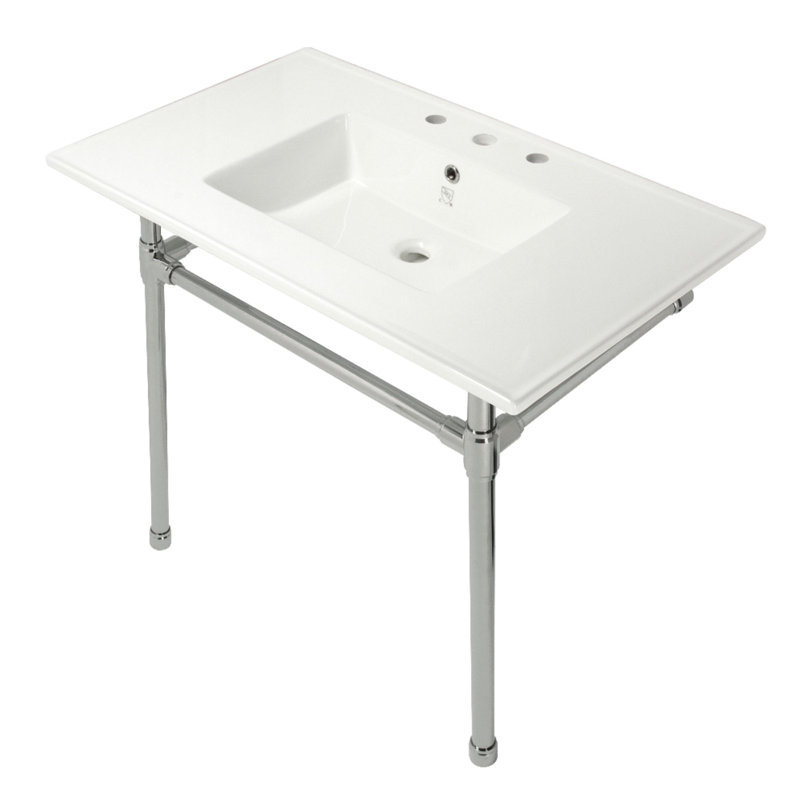 Kingston Brass Dreyfuss 37-Inch Ceramic Console Sink with Stainless Steel Legs (8-Inch, 3-Hole), White/Polished Nickel