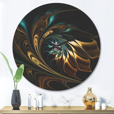 Brown Blue Fractal Flower in Black - Modern Wood Wall Clock