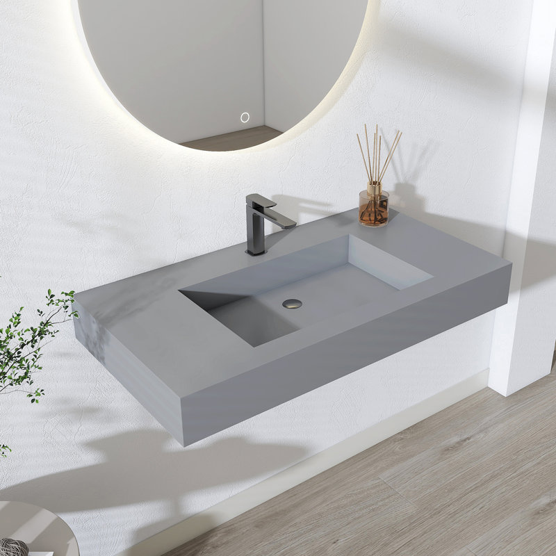35'' Rectangular Stone Resin Single Bathroom Sink With Faucet Hole, Gray