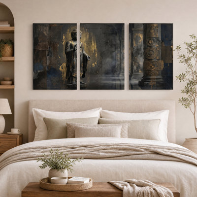 Standing Buddha Statue With Gold Leaf Texture Set Of 3 Canvas Wall Art