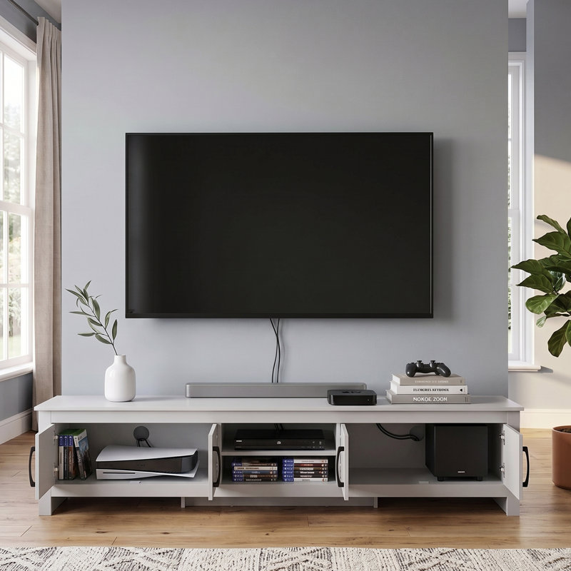 Limestone Extra Wide 4 Door TV Unit with Open Shelves, White