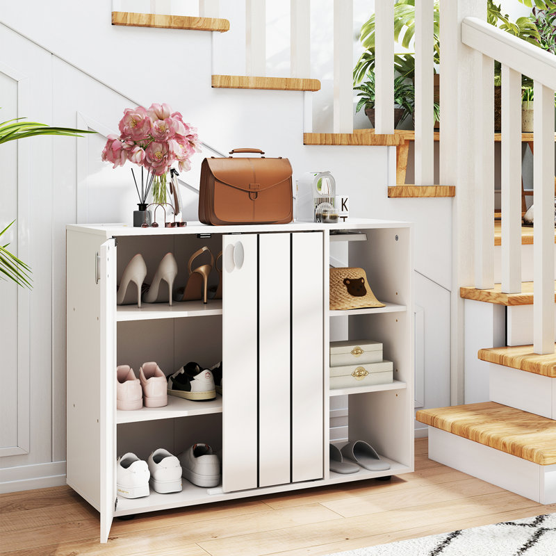 Rangement à chaussures en bois à 3 niveaux avec portes et tablettes ouvertes réglables à 3 niveaux, Blanc