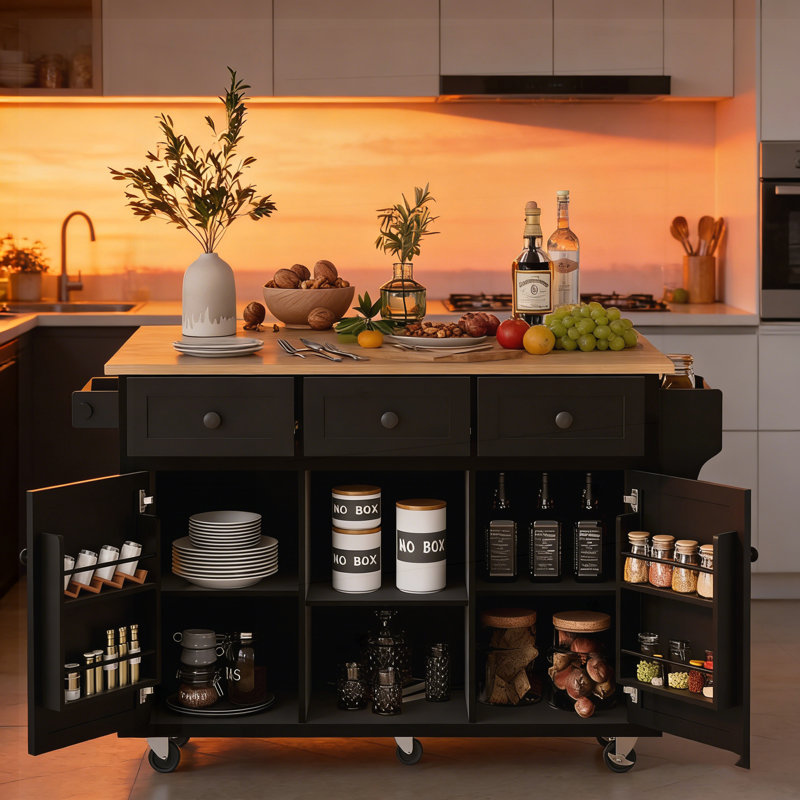 Chariot de cuisine polyvalent avec comptoir rabattable, rangement réglable et deux options de mobilité pour les maisons modernes.