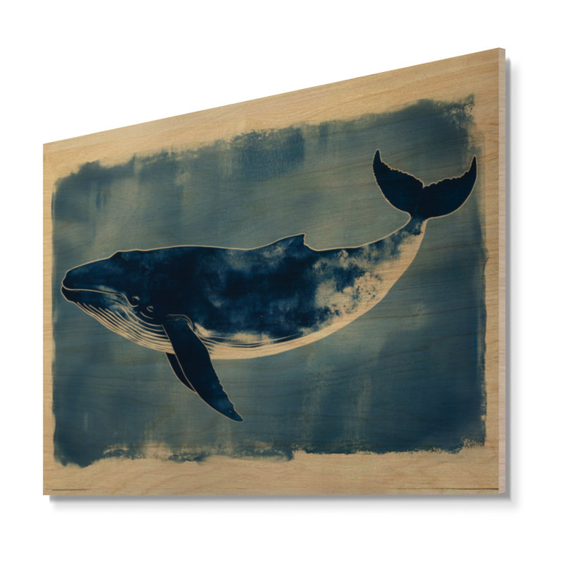Baleine dans les profondeurs indigo - Art mural bois côtier, H 24 po x l 32 po