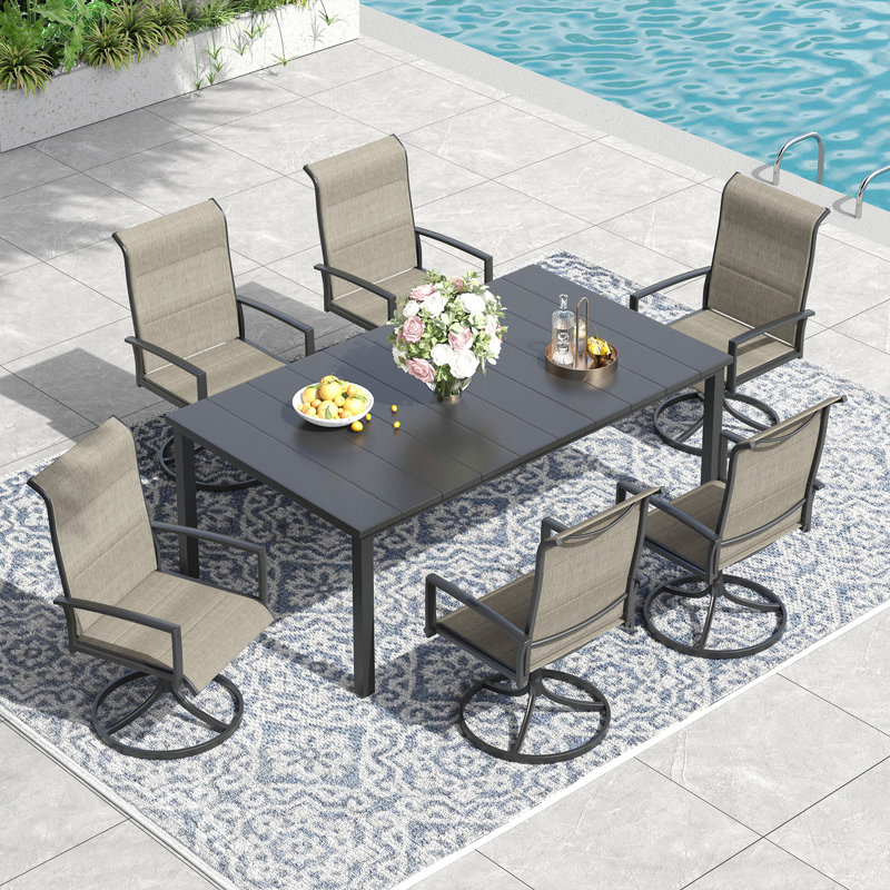 Patio Dining Set with Rectangular Dining Table and  Padded Swivel Chairs, Black/Black