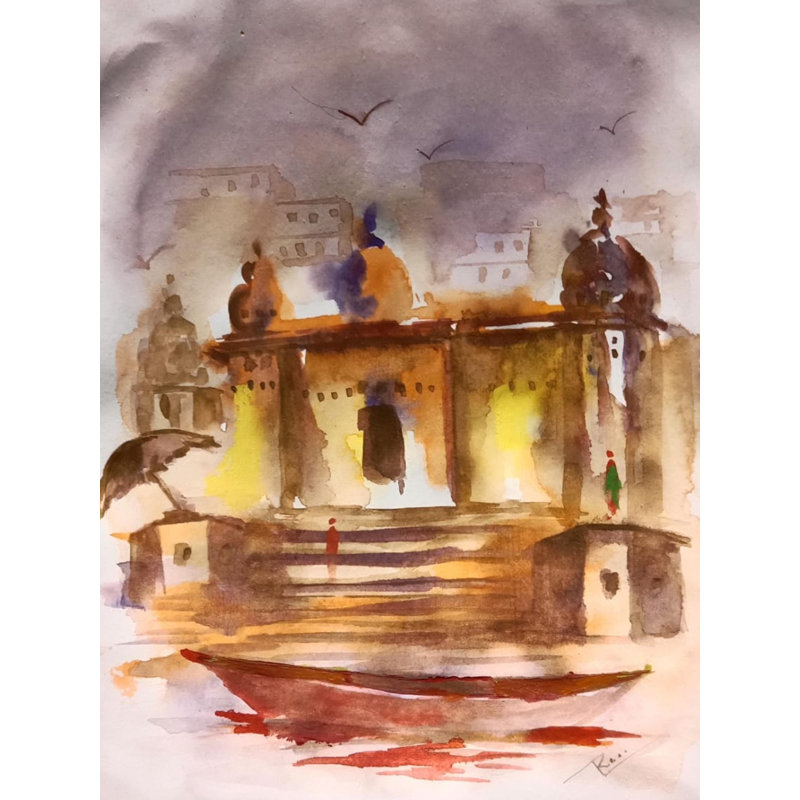 Bateau flottant près du Ghat | Aquarelle sur papier | Par Raj Kumar Singh