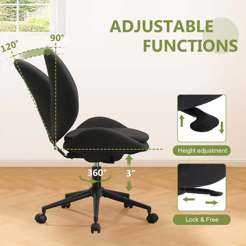Chenille Armless Swivel Office Desk Chair with Wheels, Double-Layer Cushion and Rocking Function for Home Office, Black