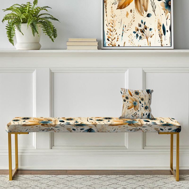 Upholstered Gold Bench, Rustic Gypsy Boho Pattern