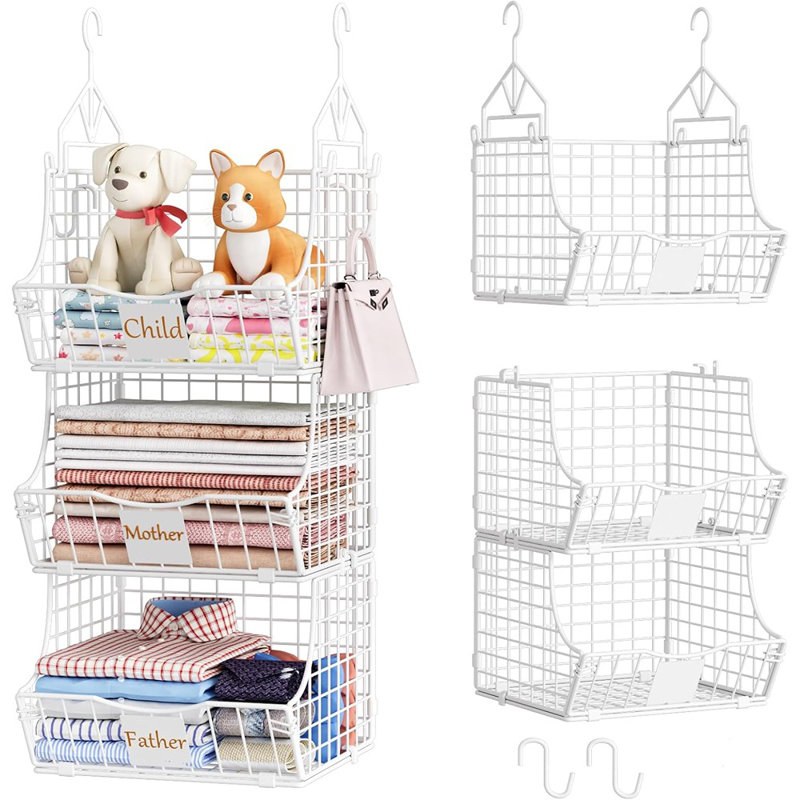 Hanging Closet Organizer And Storage - Multi-Functional - 3-Tier Closet Shelf With 2 S-Hooks, Iron Wire Baskets For Clothes, Sweaters, Handbags, Hats, And Canned Goods