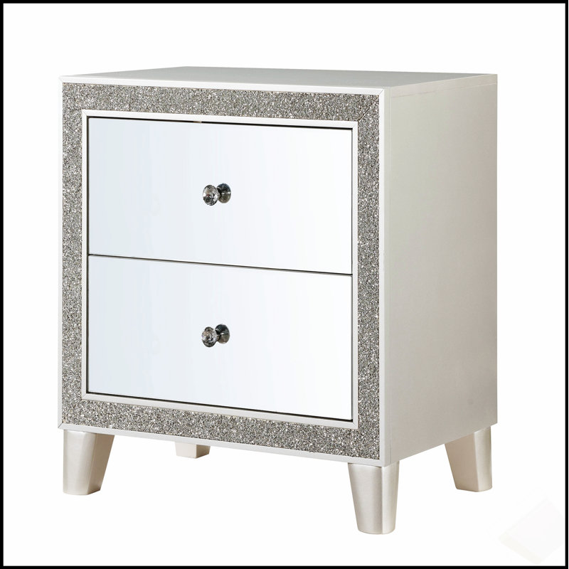 Table de chevet 2 tiroirs Champagne avec finition miroir, parfaite pour ajouter luxe et élégance à votre chambre à coucher