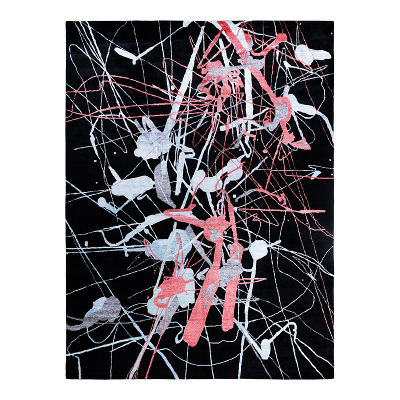 Tapis moderne noué à la main de conception unique - noir, 9 pi 1 po x 11 pi 10 po