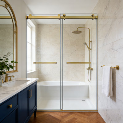 60"W x 72"H Frameless Double Sliding Shower Door with 3/8"SGCC Tempered Glass in Brushed Gold