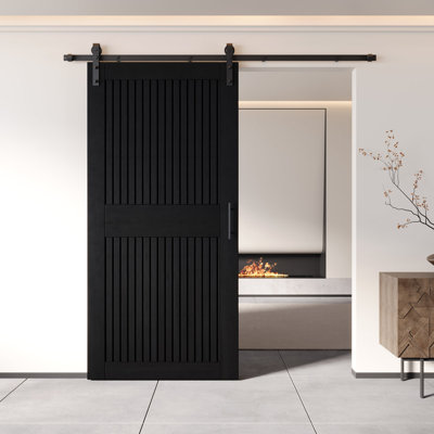 Homacer Black 26in x 84in Unassembled & Finished Vertical Stripe Design Barn Door with Non-Bypass Installation Hardware Kit, 4.5ft track, interior use only