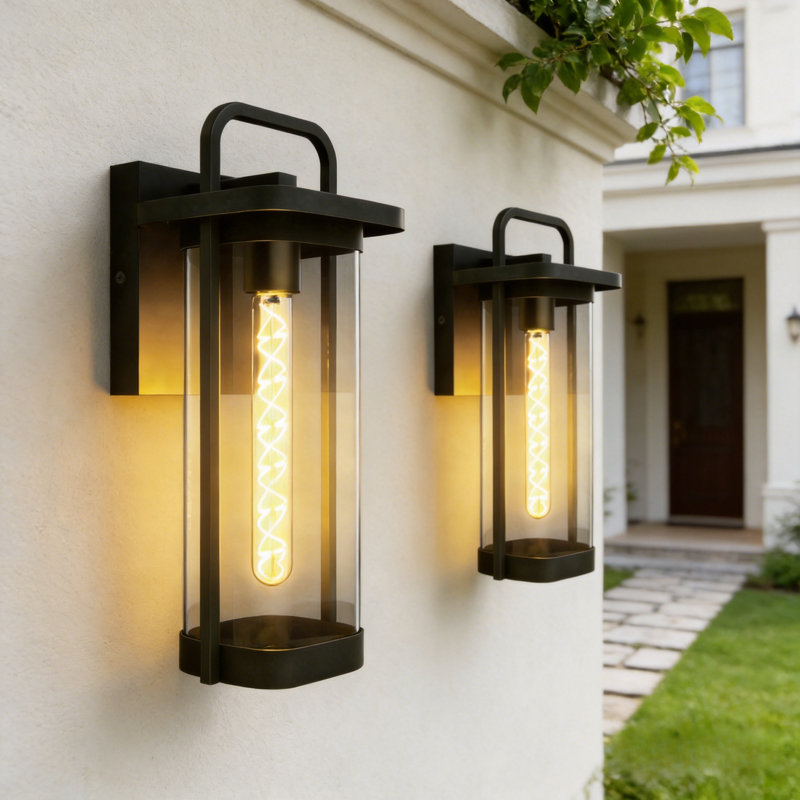 Outdoor Large Large Wall Sconce Light, Matte Black Metal & Tempered Glass Shade Wall Lantern Waterproof For Porch Doorway Patio（Set Of 2)