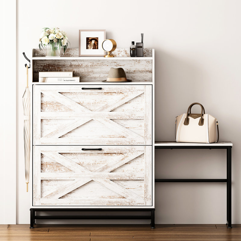 Range-chaussures blanc pour l'unité d'entrée, 2 tiroirs rabattables avec fentes réglables, rétro rustique, basculant, organisateur de pièces polyvalent: grande capacité d'entrée et rangement personnalisable