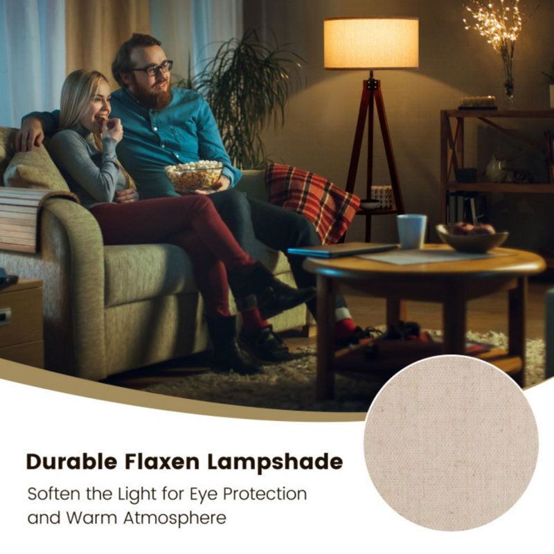 Brown Rubber Wood Tripod Floor Lamp with Linen Shade and Shelf