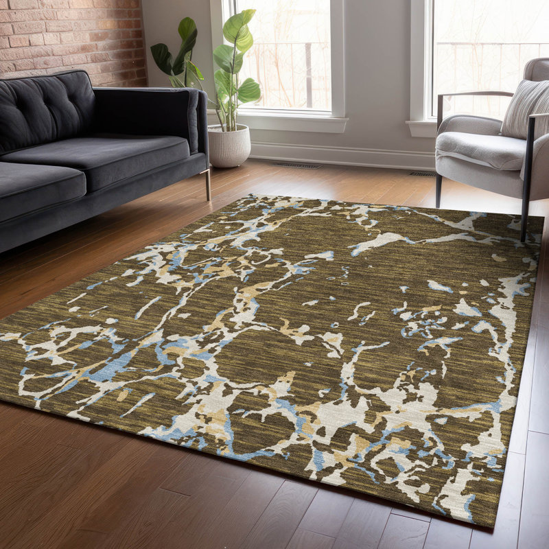 Abstract Red and Brown Synthetic Washable Area Rug