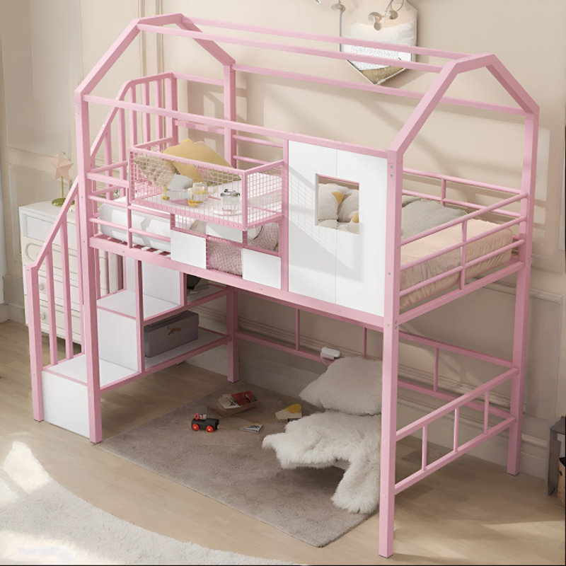 Simonetta Twin Loft Loft Bed with Shelves, Pink