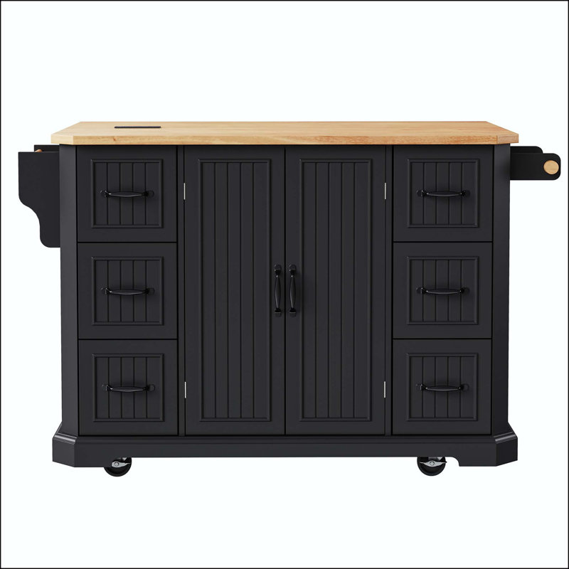 Îlot de cuisine 56 po avec bord biseauté, bande verticale et 6 tiroirs, Black
