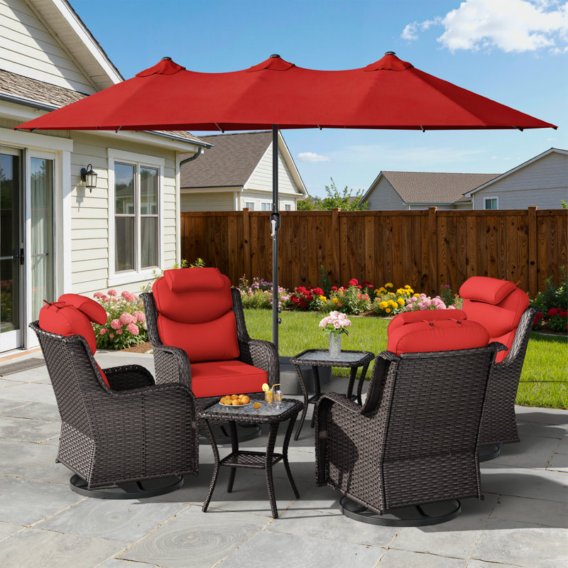 Adcox 4-Person Outdoor PE Wiker Swivel Chairs Set With Double-sided Patio Umbrella,Headrests,Side Tables & Red Cushions, Red