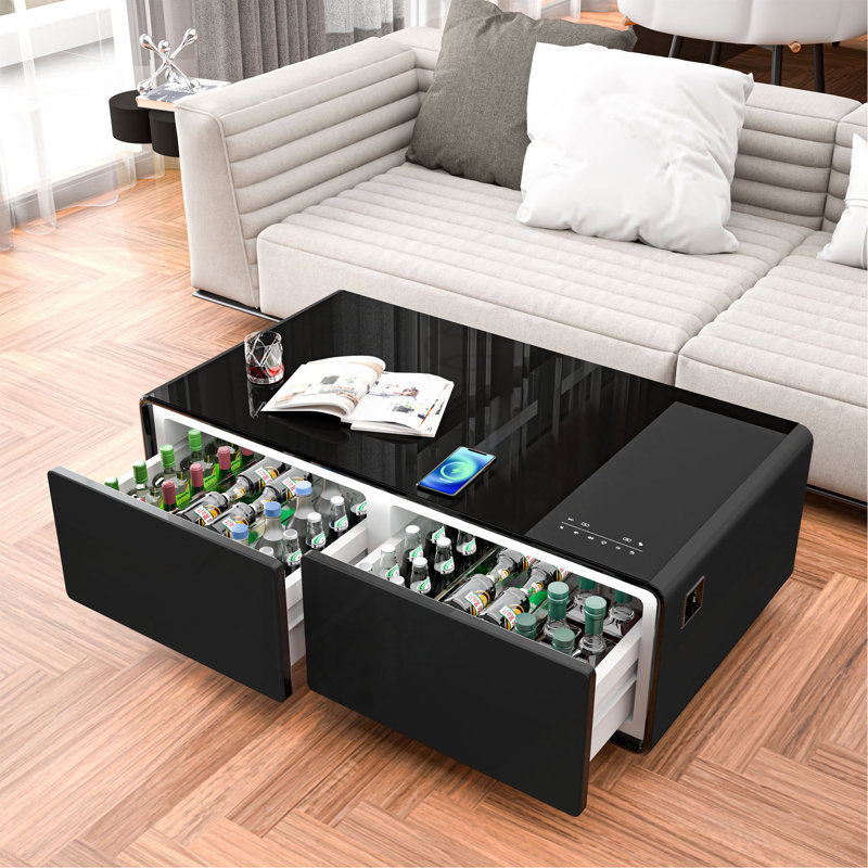 Table basse intelligente Ronin avec réfrigérateur, prises de courant, haut-parleurs Bluetooth et lumière RVB, Noir