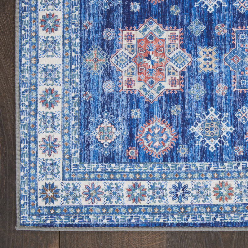 Tapis blanc / bleu / beige performance tissé à la machine / tissé à la machine Sykesville, Rectangle 2 pi x 3 pi