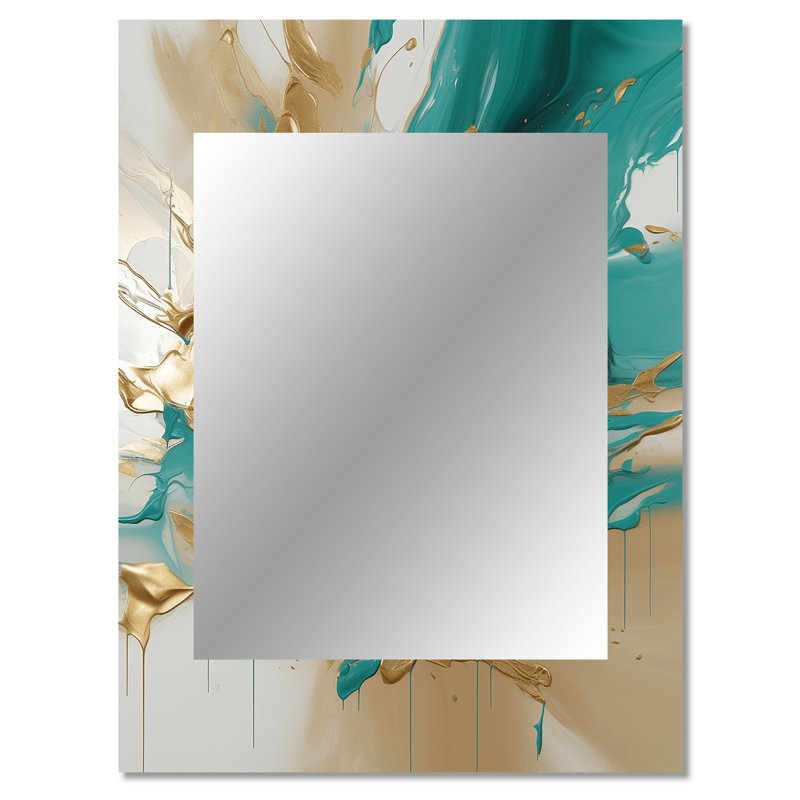 Or et marbre Turquouse Fuild Ink - miroir décoratif en marbre, miroir mural doré, impression d'art en métal, 40 po x 30 po