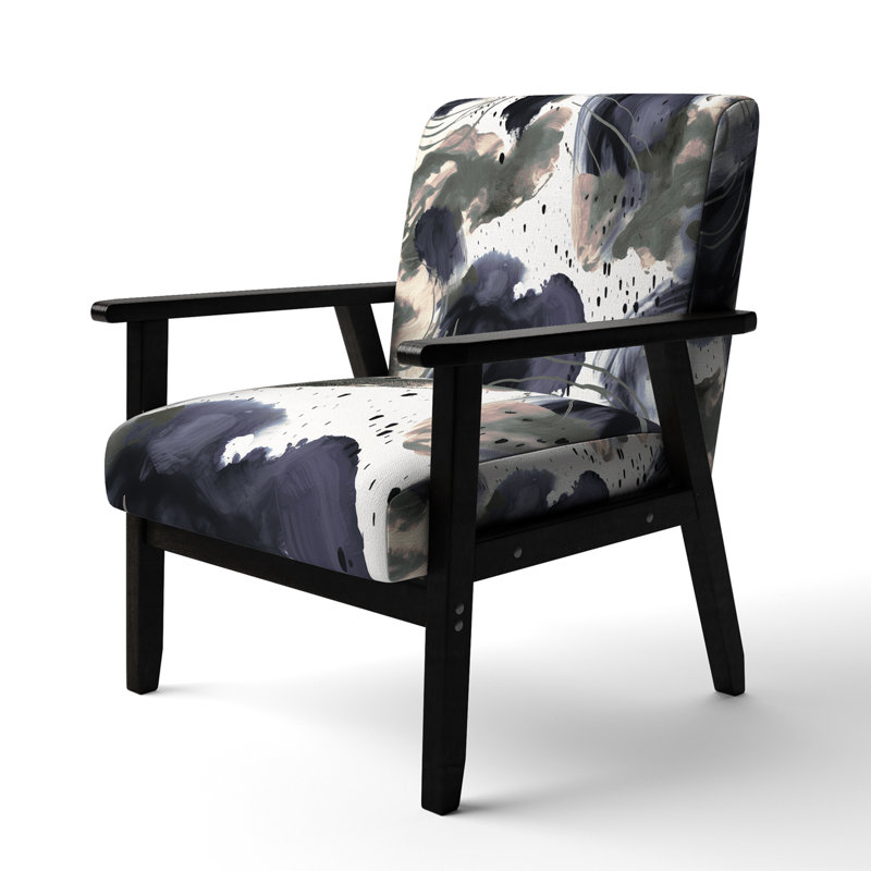 Fauteuil rembourré en velours moderne à motif abstrait avec textures bleues et dorées II, Beige / blanc / bleu marine / gris