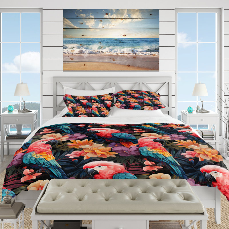 Parrot Haven Tropical Pattern Floral Duvet Cover, King Duvet Cover + 2 King Shams