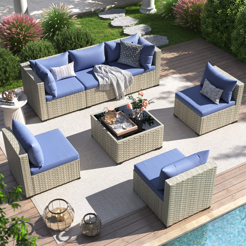 7 Pieces Rattan Patio Conversation Sets With Cushions, Haze Blue