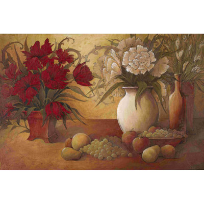 Still Life Of Warm Flowers And Fruit - Wrapped Canvas Painting