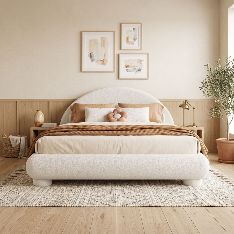 Lit plateforme tapissier avec lattes en bois, Grand lit, Blanc