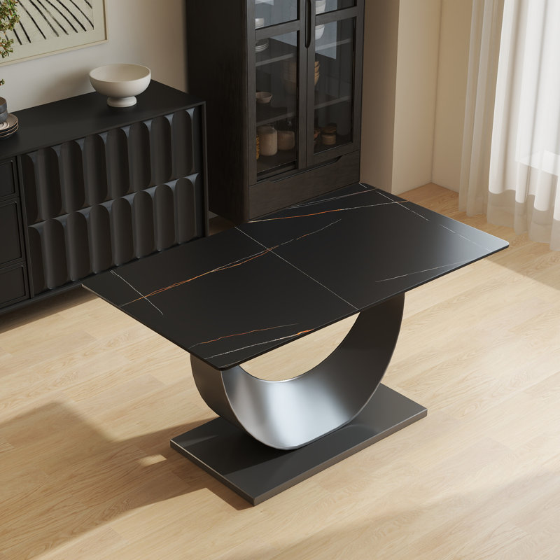 Modern Rectangular Sintered Stone Dining Table With Pedestal Base, Black, 29.21" H x 55.11" L x 31.5" W