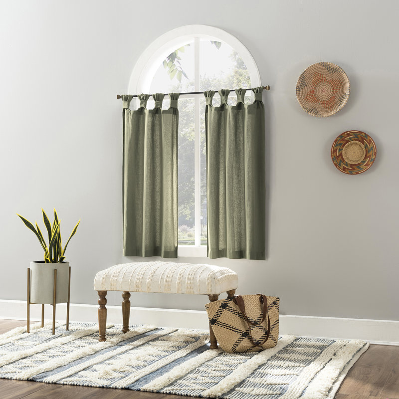 Paire de rideaux de cuisine semi-transparents en coton délavé avec pattes Archaeo Sarro, L 52 po x L 45 po, Vert mousse