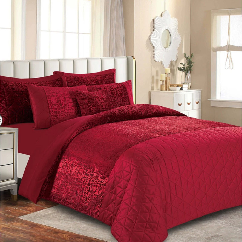 Velvet Geometric Duvet Cover with Pillowcases, Red, Double Duvet Cover + 2 Standard Pillowcases