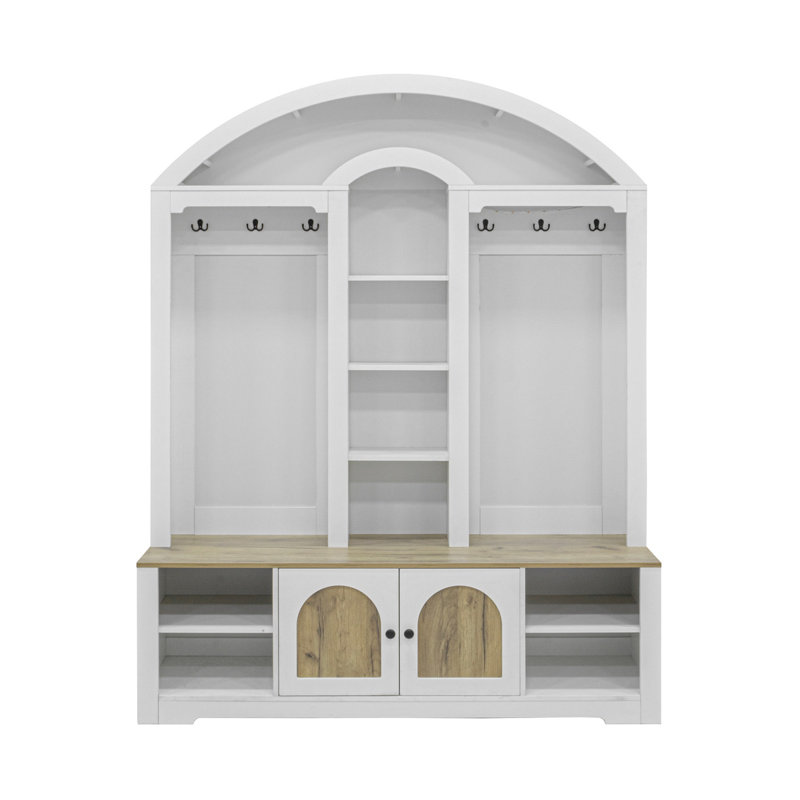 2-Tone Curved Entryway Cabinet With Hooks, White 