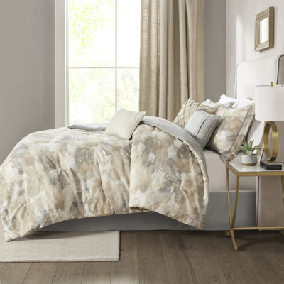 Édredon de luxe texturé - tissage gris très grand 1 jupe de lit incluse Mélange de coton gris, taupe, crème 2 taies décoratives assorties