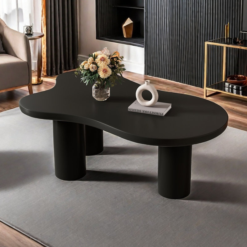 Table basse de 44 po x 25,9 po à assemblage facile avec table de bout irrégulière de style plateau de table de 1,5 po avec 3 pieds robustes et table centrale élégante avec bord rond pour le salon