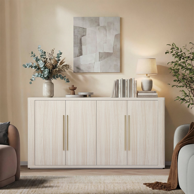 Buffet 60 po avec rangement moderne, crédence d'appoint en chêne beige, tablettes réglables et gestion des câbles, console média en bois pour le salon et la salle à manger